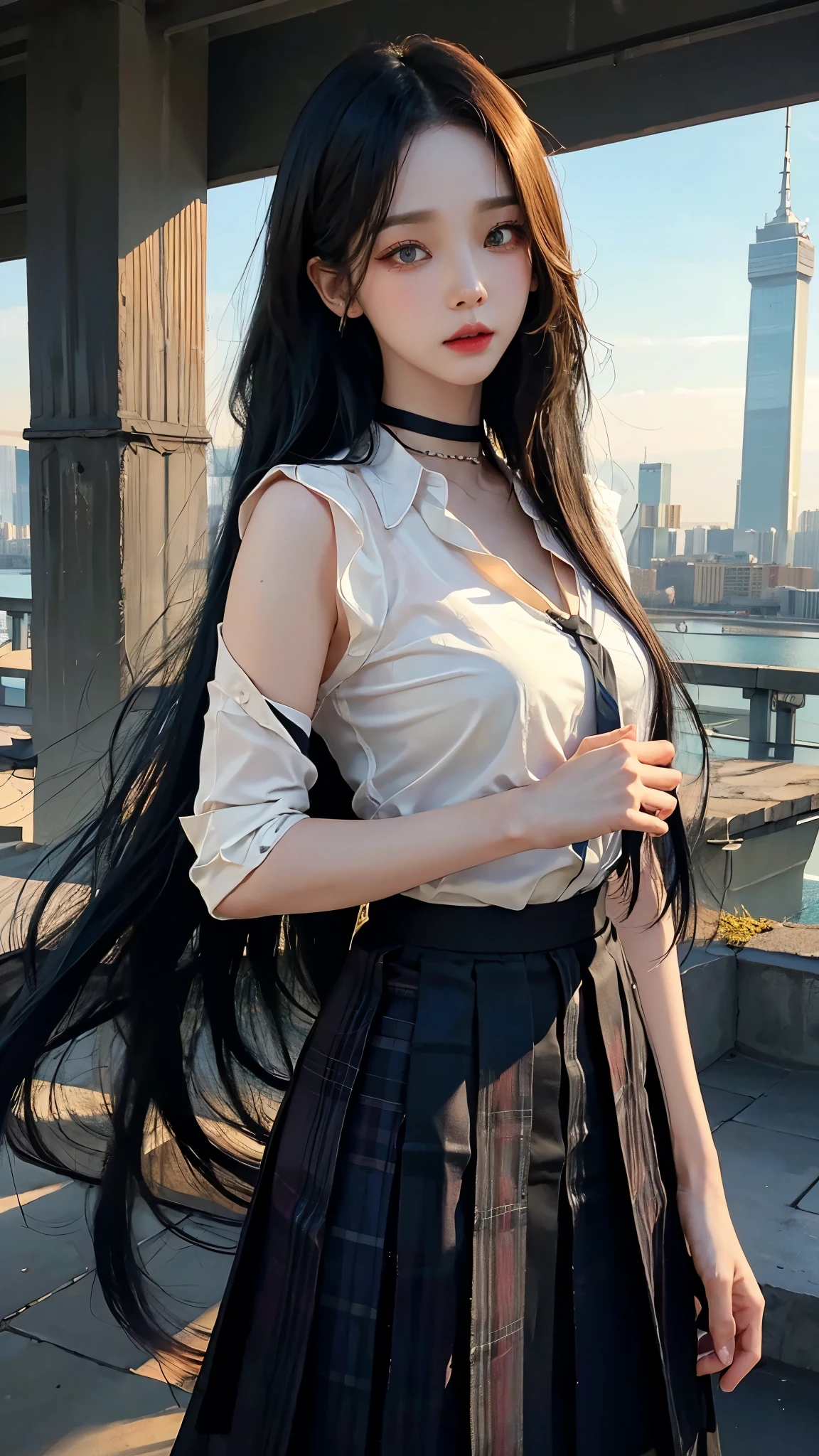 큰 chest, 젖어서 chest이 보이는 흰색 shirt, masterpiece, best quality, whole body, 1 woman, forehead, black choker, black necktie, blond hair, blue skirt, blush, bracelet, chest, choker, clothes approximately waist, clavicle, collared shirt, dress shirt, ear piercing, eyebrows visible through hair, gradient hair, 이를 드러내고 laugh, fix, bijouterie, Kogal, long hair, looking at viewer, loose necktie, necktie, piercing, plaid, plaid skirt, pleated skirt, red eyes, ring, , shirt, skirt, laugh, alone, Distance between high-rise buildings, sky, new york city downtown,illustration, (Magazines:1.3), (sheathe-style:1.3), fashionable, female, vibrant, outfit, posing, front, fancy, dynamic, background, coercion, confidence, expression, possession, name, accessories, majestic, coil, approximately, touch, scene, texts, sheathe, brave, attracting attention, title, Refined, font, catchy, headline, bigger, striking, modern, Trend, Concentrate upon, fashion,