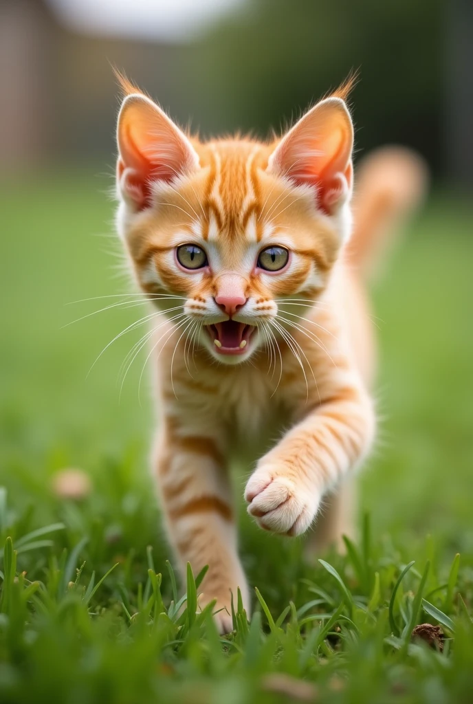 Cute yellow cat is walking on the grass