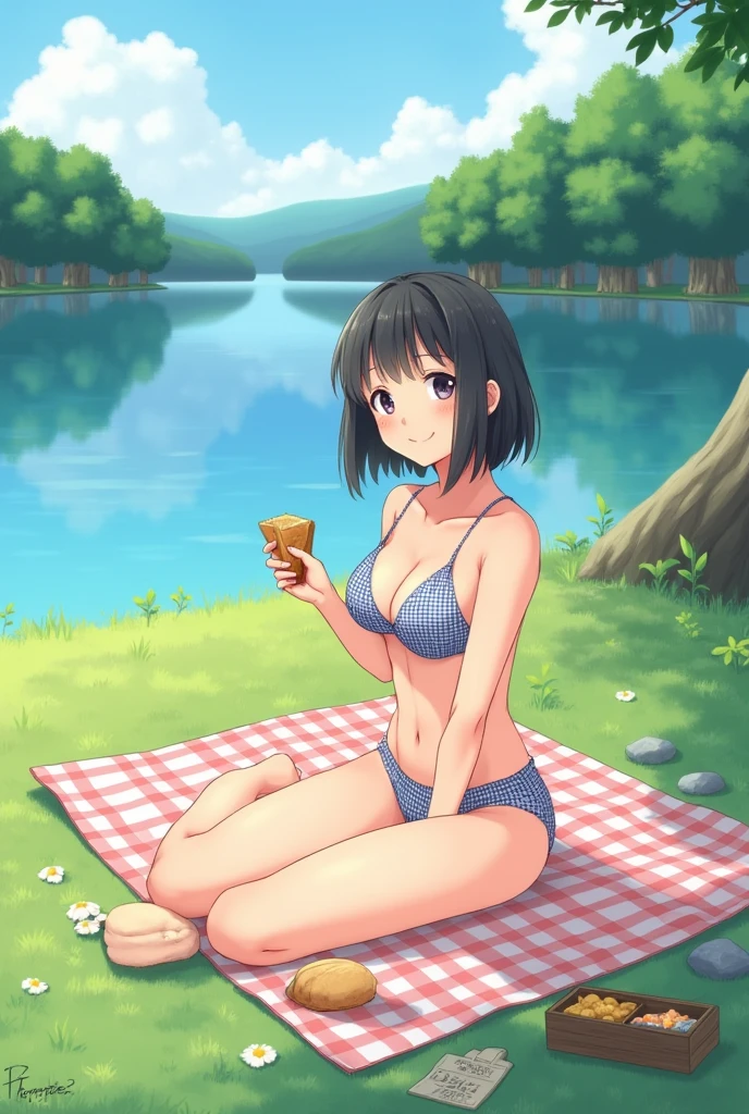 On the tranquil lakeside、A realistic Japanese girl with a bob cut wearing a gingham bikini、A realistic scene of her sitting on a picnic blanket。She is smiling with a sandwich in hand。Background is blue々A tranquil lake and trees々Spread、A peaceful daytime picnic moment is depicted。