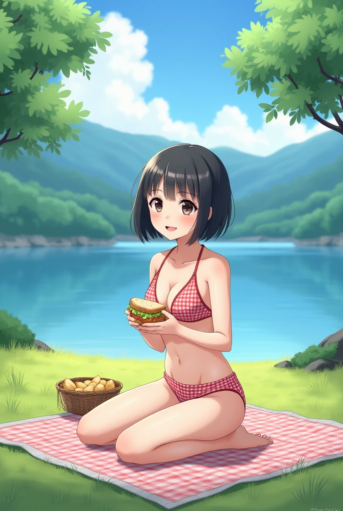On the tranquil lakeside、A realistic Japanese beauty with a bob haircut wearing a gingham bikini、A realistic scene of her sitting on a picnic blanket。She is smiling with a sandwich in hand。Background is blue々A tranquil lake and trees々Spread、A peaceful daytime picnic moment is depicted。