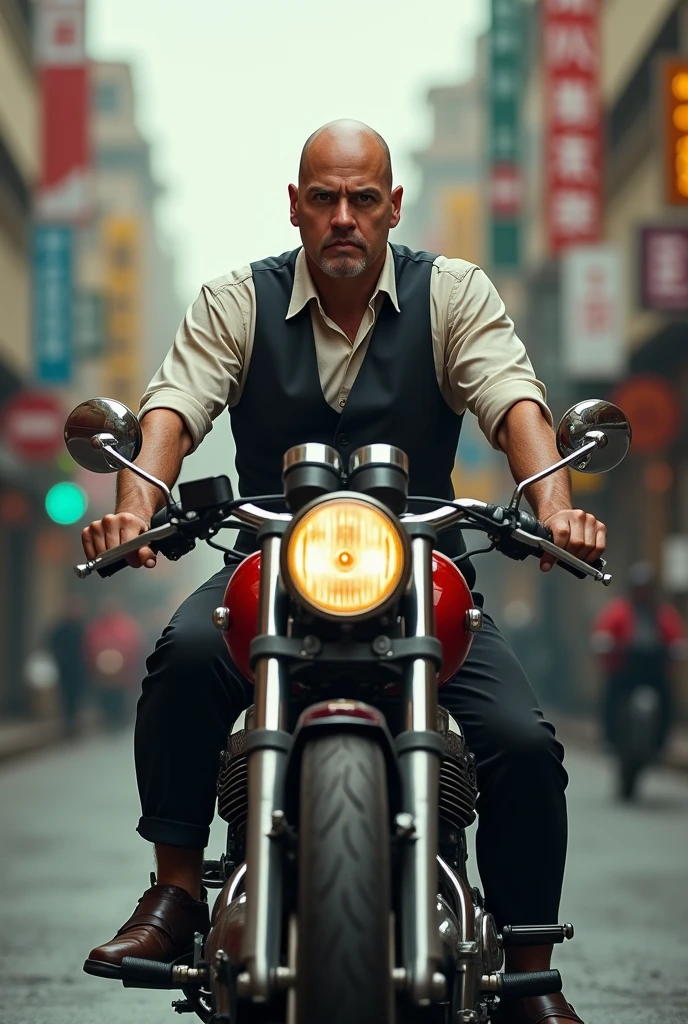 Bald guy motorcycle waiter