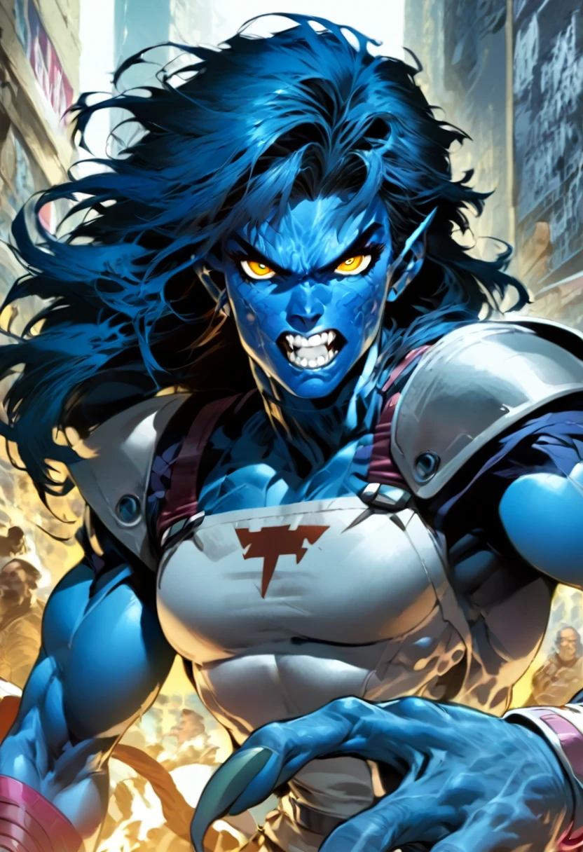 Kurt Wagner,a Marvel Comics 90’s character,femboy,skinny,long hair,androgynous,blue darker skin,mutant,yellow eyes,big hands,big feet’s,big jaw,great cheeks bones,swords, a powerful physique, inspired by the style of Bill Sienkiewicz, 90’s comics, masterfully rendered with exceptional detail and realism, vivid colors, and dramatic lighting.
