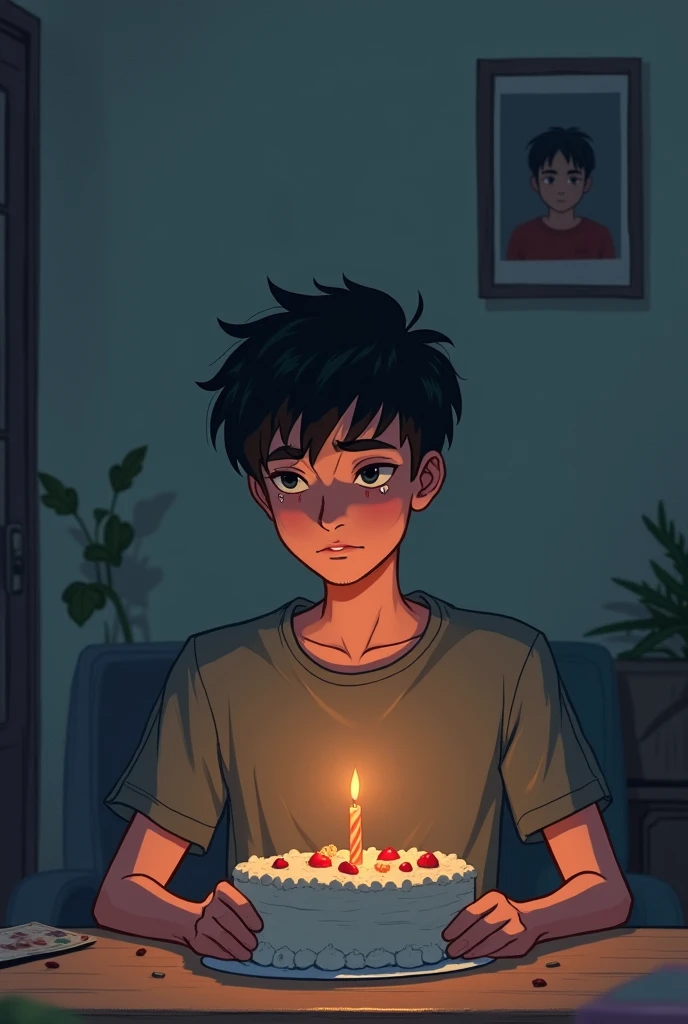 A sad drawing of a young man celebrating birthday abread alone but while being in a video call with his parents.
