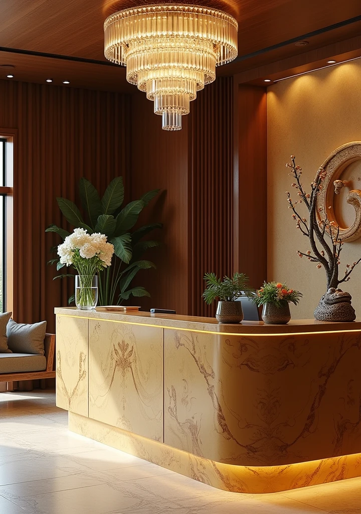Wide angle view of spa reception room: Reception counter located in the central position, Decorated with crystal and toad statue.
Large wooden reception counter, Counter surface is veneered with yellow or brown marble.
Spa logo made of metal or mica, prominently placed on the counter.
Bronze or ceramic toad statue placed in the corner of the counter, Facing the main entrance.
Fresh flowers and small potted plants placed on the counter.
Chandelier with crystal hanging above the counter, create a luxurious highlight.
The sofa is placed near the door