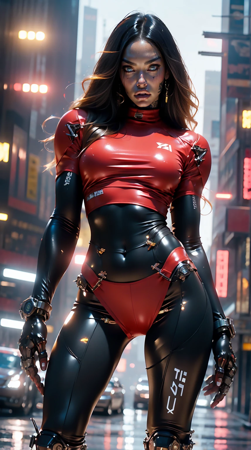 megan fox, young bodybuilder girl in cyber leotard with huge cybernetic muscles:1.45, huge lips:1.25, wide upper body, narrow hips:1.25, long thin legs:1.25, full body shot, best quality, 4k, 8k, highres, masterpiece:1.2, ultra-detailed, realistic, photorealistic, photo-realistic:1.37, HDR, UHD, studio lighting, ultra-fine painting, sharp focus, physically-based rendering, extreme detail description, professional, vivid colors, bokeh, MeganF_SoloTI_v1