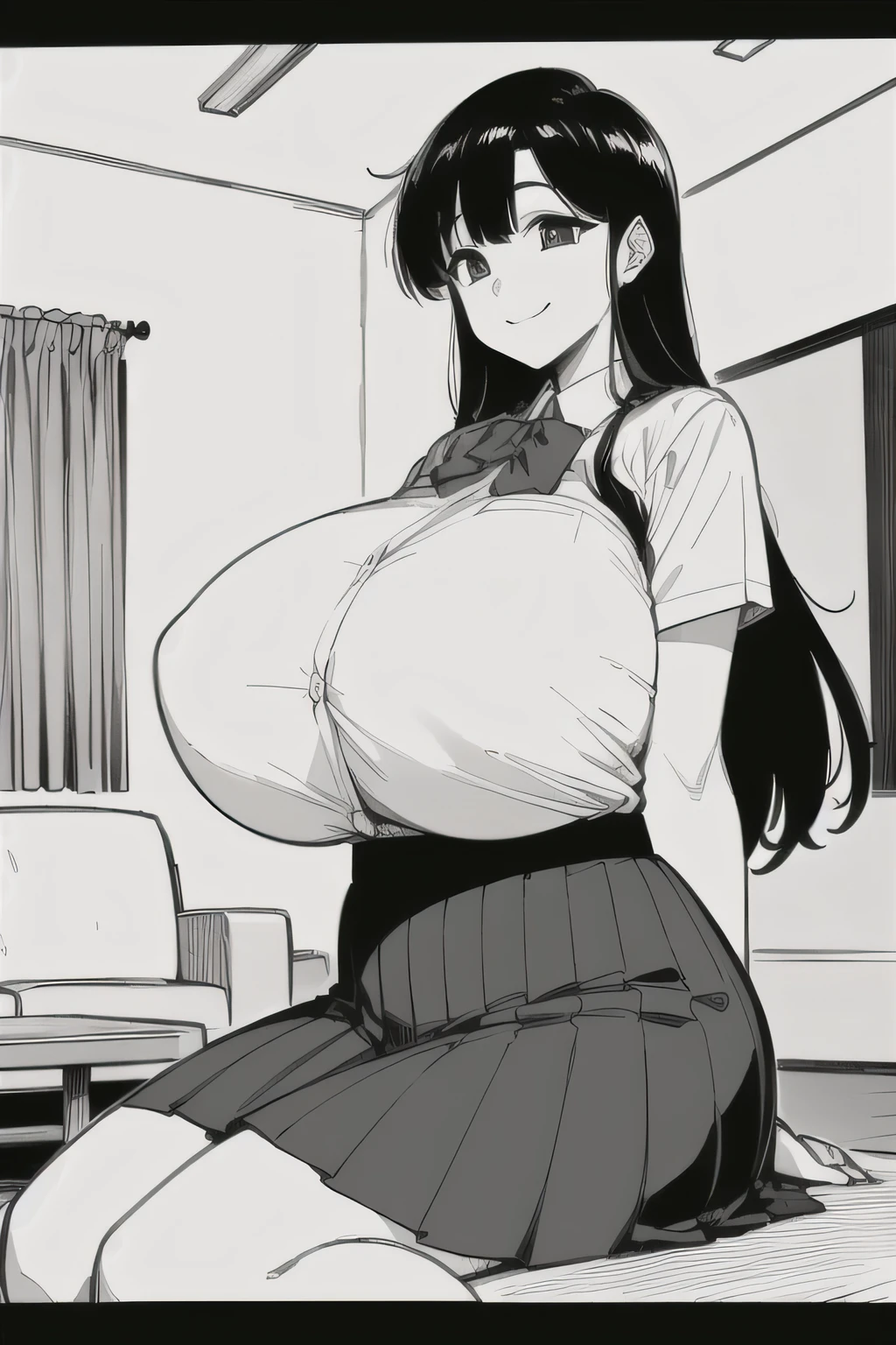 (超High resolution,4K,Very detailed, photograph, 8k, High resolution, High resolution, Absurd:1.2),Monochrome,Line art, Japanese girl,expensive,Long black hair,Beautiful character design,Beautifully detailed eye depiction,Perfect Face,Expressive eyes,(A satisfied smile:1.2),School uniforms,(Huge breasts:1.2),In the living room,Daytime