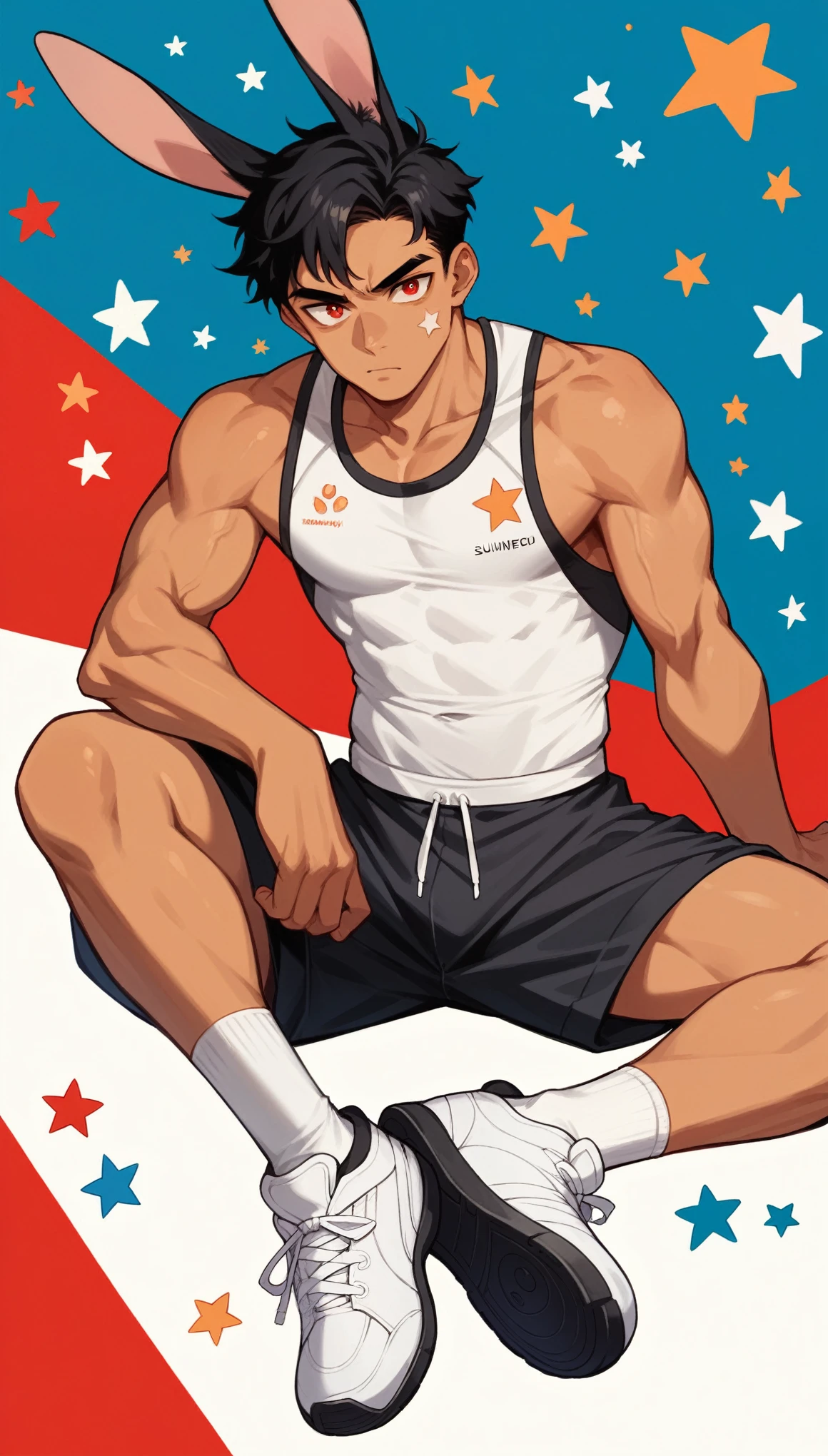 Handsome boy,Black Hair，Sunburned skin，Black rabbit ears，Sportswear，Slim body，Sitting on a meteorite，He has a pair of warm red eyes，Stars background，White socks，White sneakers
