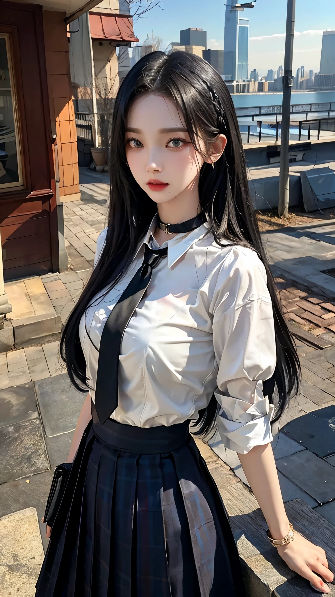 큰 chest, 젖어서 chest이 보이는 흰색 shirt, masterpiece, best quality, whole body, 1 woman, forehead, black choker, black necktie, blond hair, blue skirt, blush, bracelet, chest, choker, clothes approximately waist, clavicle, collared shirt, dress shirt, ear piercing, eyebrows visible through hair, gradient hair, 이를 드러내고 laugh, fix, bijouterie, Kogal, long hair, looking at viewer, loose necktie, necktie, piercing, plaid, plaid skirt, pleated skirt, red eyes, ring, , shirt, skirt, laugh, alone, Distance between high-rise buildings, sky, new york city downtown,illustration, (Magazines:1.3), (sheathe-style:1.3), fashionable, female, vibrant, outfit, posing, front, fancy, dynamic, background, coercion, confidence, expression, possession, name, accessories, majestic, coil, approximately, touch, scene, texts, sheathe, brave, attracting attention, title, Refined, font, catchy, headline, bigger, striking, modern, Trend, Concentrate upon, fashion,