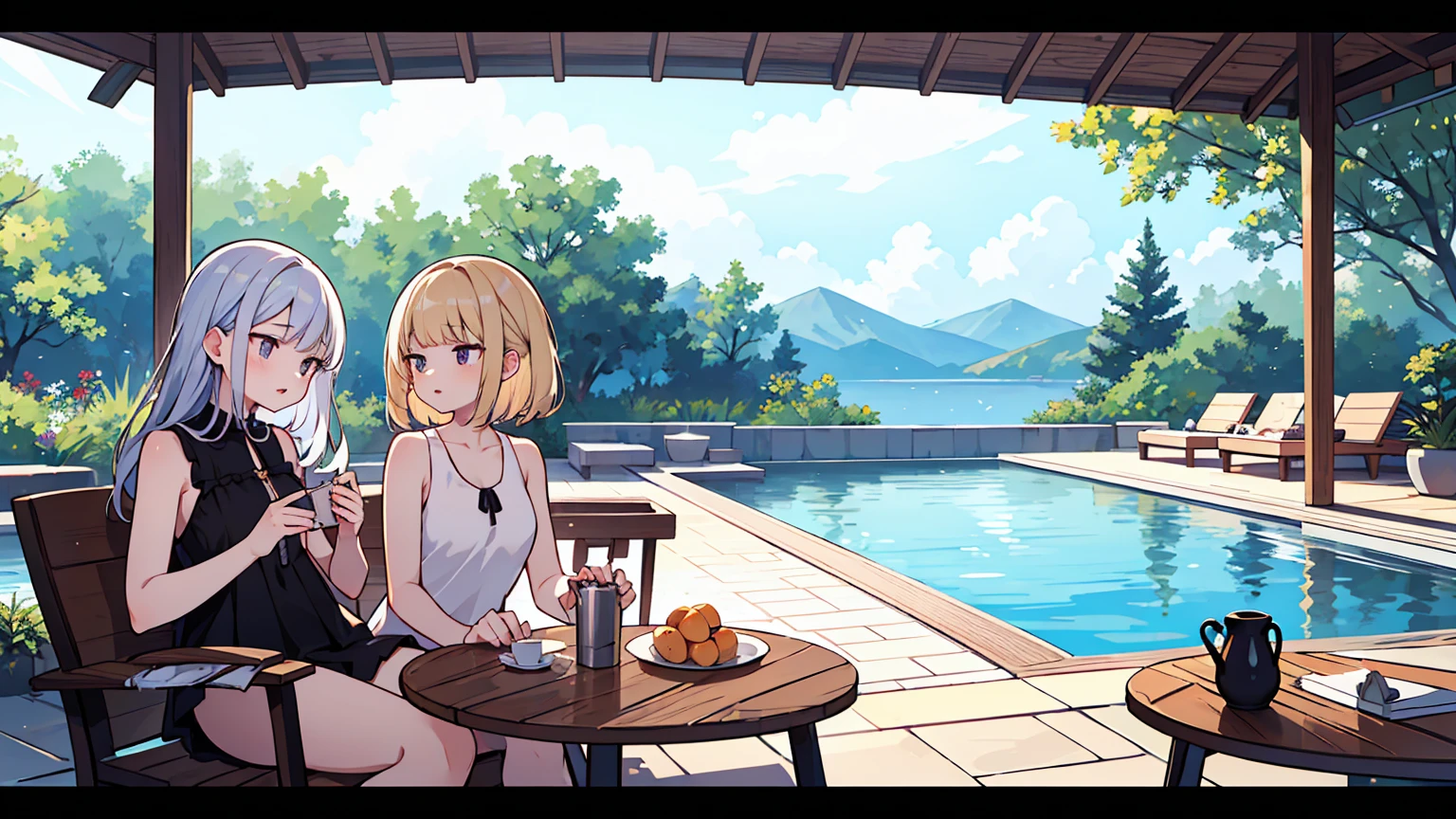 (masterpiece, best quality),2 women, different hair colors, different faces,letterboxed, perfection of fashion,chapped lips, sleeveless,dress,upper body, from the side,Infinity Pool,The horizon is reflected,Lounge Chair,marble floor,Advanced Table,outdoor

 