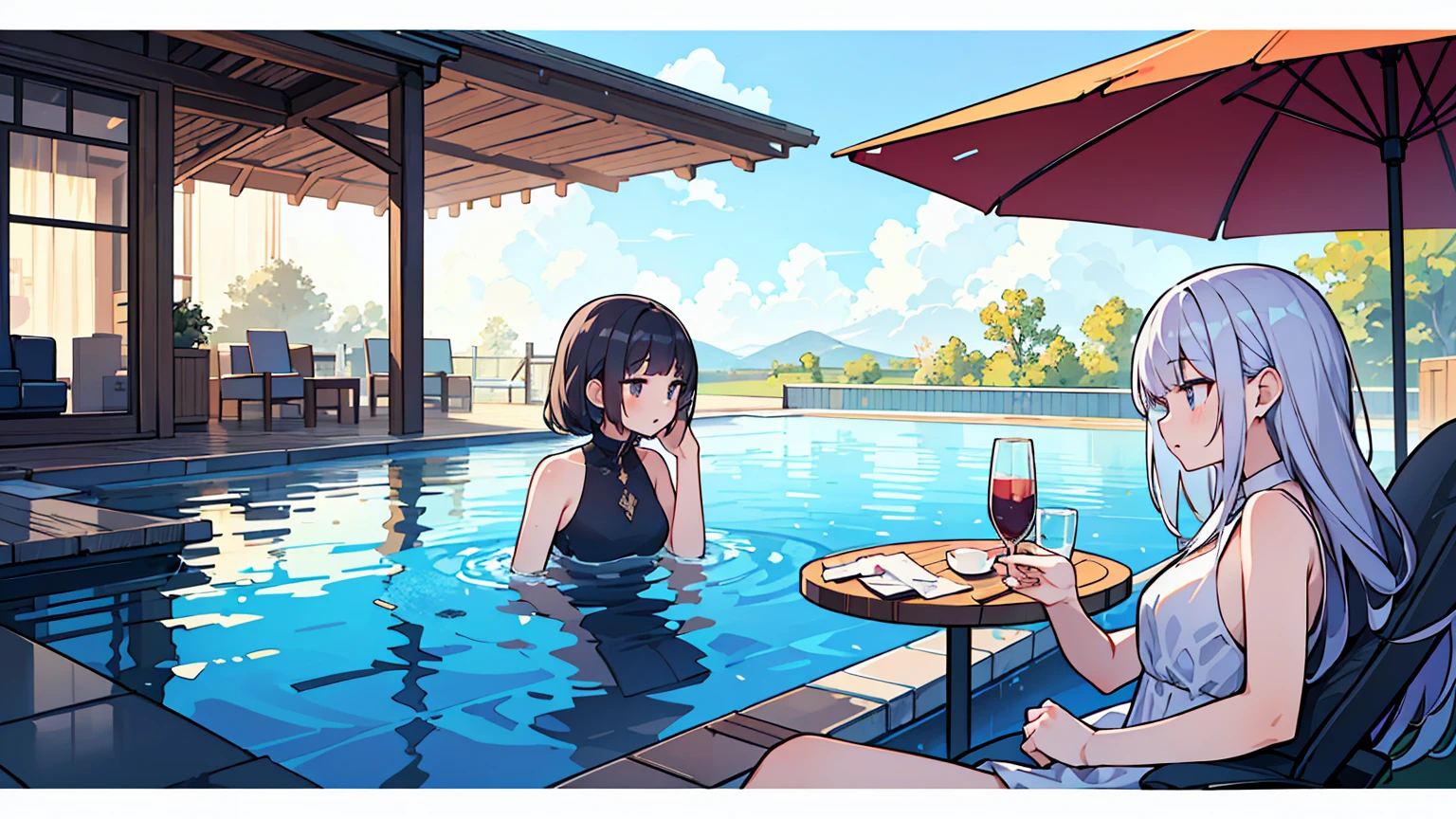 (masterpiece, best quality),2 women, different hair colors, different faces,letterboxed, perfection of fashion,chapped lips, sleeveless,dress,upper body, from the side,Infinity Pool,The horizon is reflected,Lounge Chair,marble floor,Advanced Table,outdoor