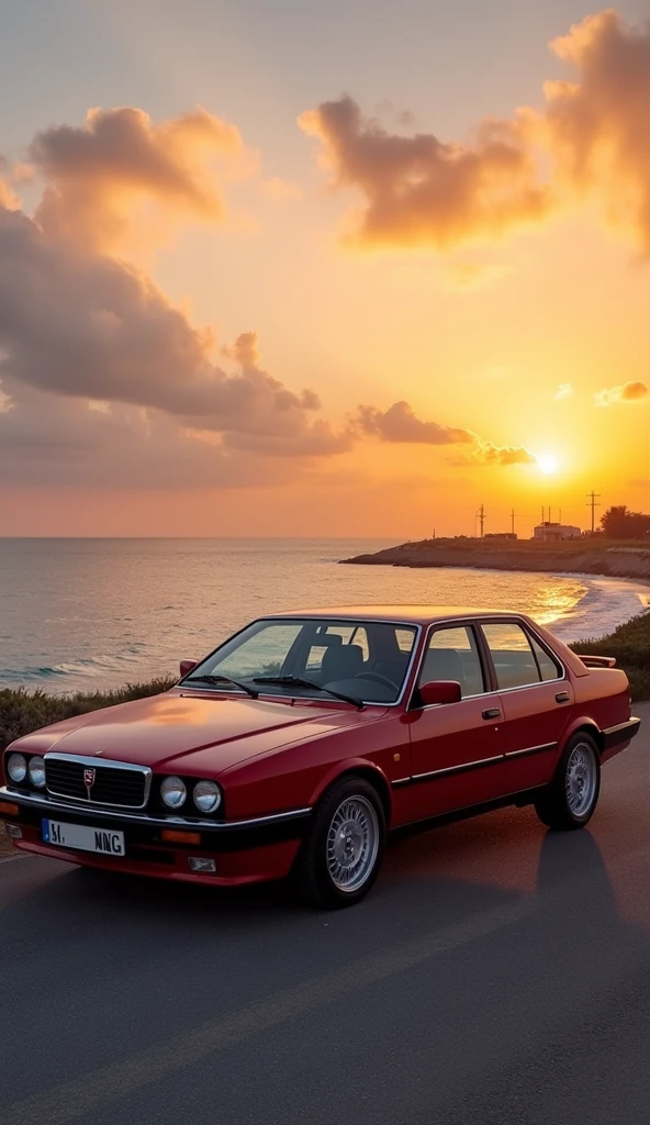 Lancia thema 8.32 in red, seaside sunset ride