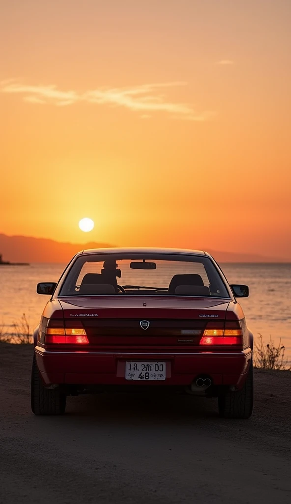 Lancia thema 8.32 in red, seaside sunset ride