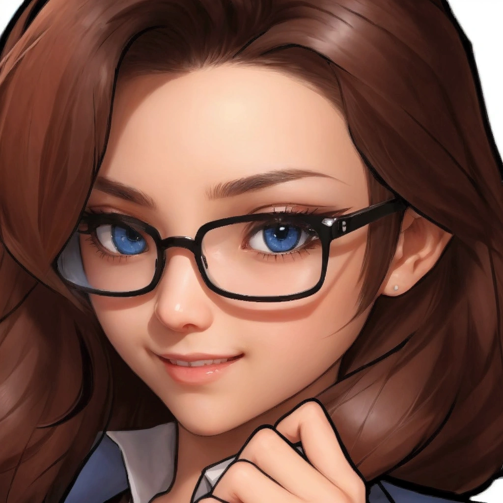 A cartoon girl wearing black framed glasses and a blue shirt, Fox Eyes,狐系Long eyes型,Blue pupils,More pupil details,Mesmerizing Smile Eyes,Long eyes,Long eyelashes,Intense eyeshadow,Smoky makeup,Long eyes线, Smile,Charming eyes,number, Eyes realistic, Low Detail, Ultra Detailed,Thick coating style,Large color blocks,Comic Style,Sharp RPG portraits
