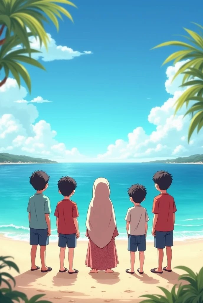 Quintuplets ( 4 boy 1girl ( hijab girl ) the girl in the Middle and 2 boy on left the girl and 2 more boys on the right girl. the quintuplets Seeing the beach. Image in Back. Facing the sea. The girl height is 150 cm while the first, second, third and fourth boy 180cm height