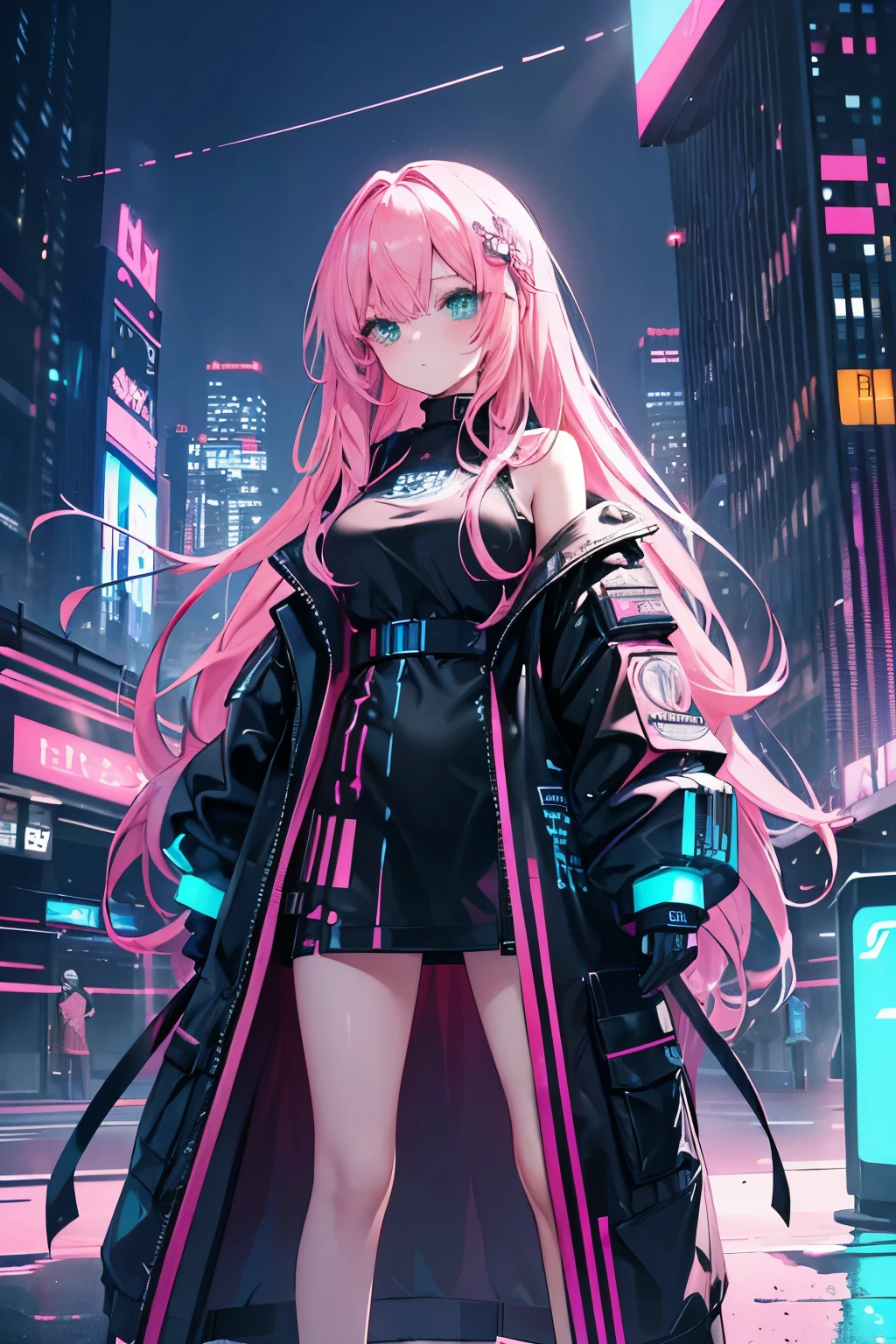 ((Highest quality)), ((masterpiece)), (detailed), whole body,Character portrait,Perfect Face, Beautiful woman with long pink hair and sky blue reflection, She has tufted bangs, She has green eyes in a cyberpunk city with sky blue lights, She was dressed in all black、It has neon pink lights, whole body.