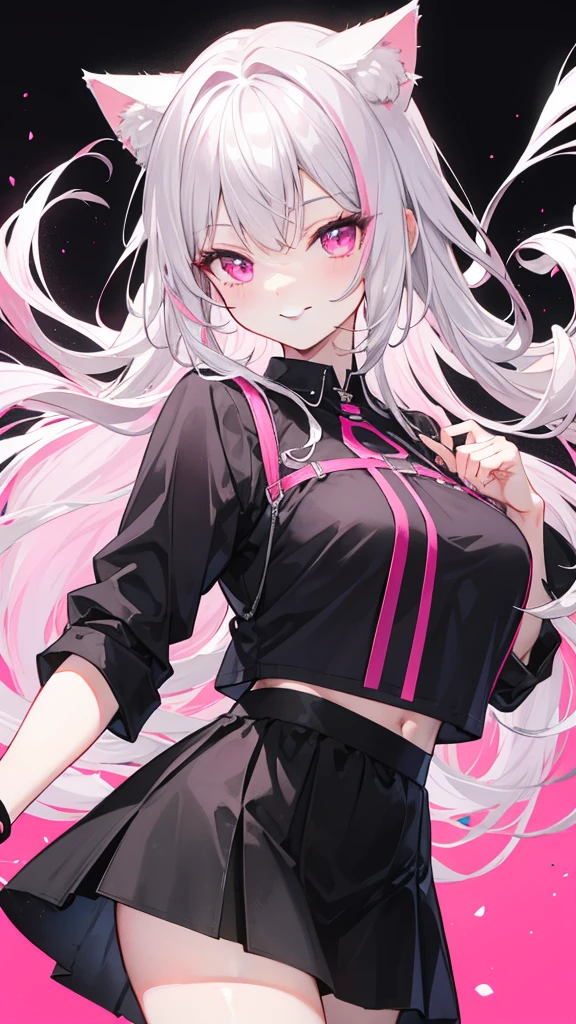 Center of chest,pretty girl,Cat ear,Beautiful silver hair,Pink inside,Beautiful pink eyes,black shirt,black skirt,smile