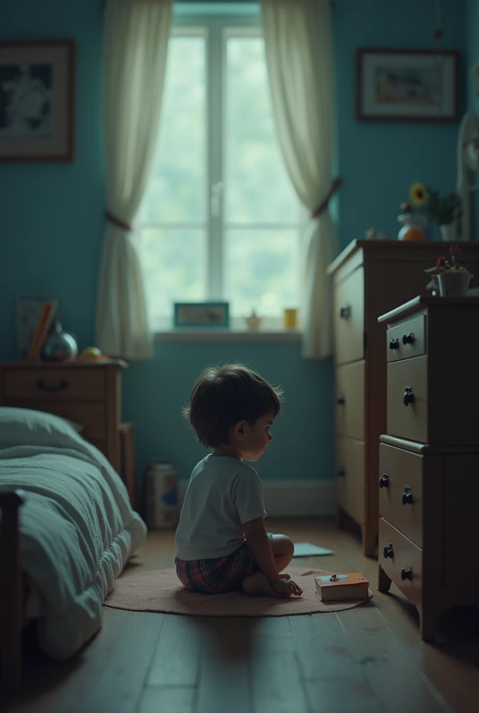 A child in a room sad alone that his parents left for work