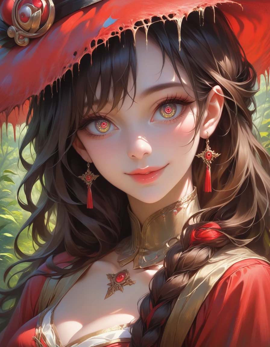 A cute anime girl with long brown hair, wearing a red hat, smiling in a lush forest scene, highly detailed portrait, beautiful detailed eyes, beautiful detailed lips, extremely detailed face, long eyelashes, photorealistic, 8k, masterpiece, vibrant colors, warm color palette, soft lighting, cinematic composition