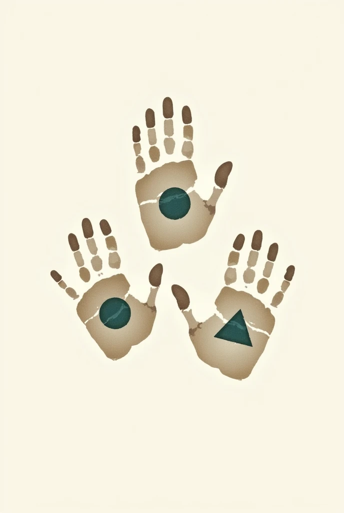 3 hand print connected to each other and has different shape inside id and make me an description of it
