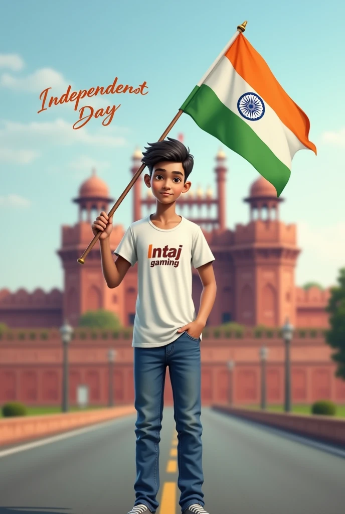 Generate a Realistic 20 years old boy, Wearing White T shirt blue jeans sneakers and the name "Intaj Gaming" is written on his t-shirt and the boy is standing on the road with holding a national flag of India, and behind his is the Red Fort Delhi.And written on sky "Independent Day" Create Realistic image high quality