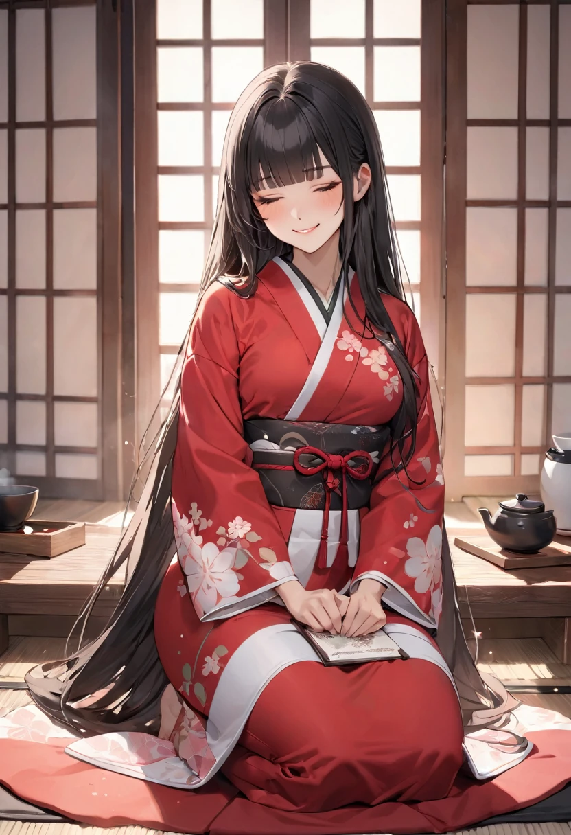 (japanese tea ceremony style) (Seiza tea ceremony), (With both hands holding a detailed biggest japanese Traditional ceramic tea cups) (solo:2, 15 yo) (beautiful detailed blunt bangs:1.3) (beautiful pastelcolor black hair very long hair) (immensely sexy shrine girl) (immensely sexy closed eyes) (lovely smile) , in a detailed shrine maiden kimono, break, in the japanese style room, BREAK, perfect anatomy, masterpiece, best quality, 16k, beautiful detailed grow, daydreaming expression.