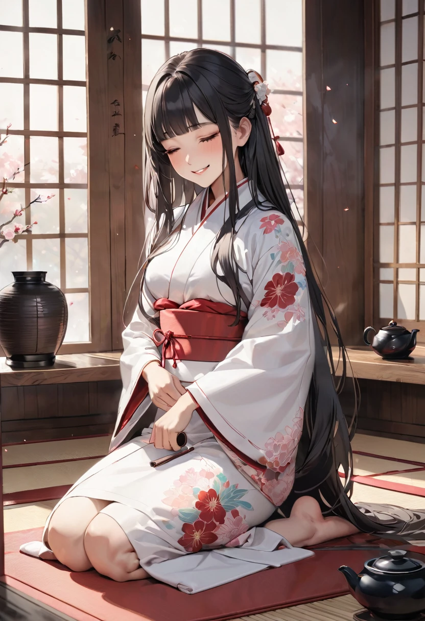 (japanese tea ceremony style) (Seiza tea ceremony), (With both hands holding a detailed biggest japanese Traditional ceramic tea cups) (solo:2, 15 yo) (beautiful detailed blunt bangs:1.3) (beautiful pastelcolor black hair very long hair) (immensely sexy shrine girl) (immensely sexy closed eyes) (lovely smile) , in a detailed shrine maiden kimono, break, in the japanese style room, BREAK, perfect anatomy, masterpiece, best quality, 16k, beautiful detailed grow, daydreaming expression.