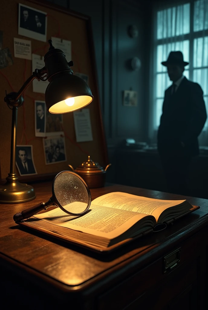 Create a dimly lit, vintage detective's office scene. The focal point is a wooden desk with an old, partially open book or piece of paper, over which a magnifying glass is placed, highlighting a faint, barely visible clue. A vintage lamp on the desk casts a soft golden glow, illuminating the magnifying glass and the clue. In the background, a corkboard is visible with pinned notes, photographs, and red string connecting various pieces of evidence. The shadow of a mysterious figure is cast on the wall, adding suspense. Use a dark color palette with muted browns, deep blues, and subtle golden tones to create a moody and mysterious atmosphere