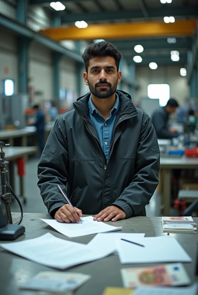 Electrical engineer 
Work clothes
In a factory 
Desk
Series
Some paper
Euro geld pack
Iranian
Show infront of desk
