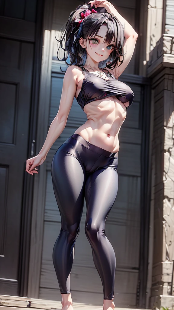 (((hyperrealistic))), (illustration), (((high resolution 32k))), (((32k))), (((extremely detailed))), (best illustration), (cute detailed eyes), (((best quality))), (((hyper detailed))), (artwork), (wallpaper), (((detailed face))), 1 girl, white wavy hair, Korean, heterochromatic eyes, small spots on eyes, loose white shirt, yoga pants, broad shoulders, long legs, tight abdomen, camel crotch, dynamic pose, (((showing the signs of clothing))), (((hyper detailed clothing))), (((highlighted colors))), ,leggings, crop top, black hair, bright blue eyes, medium breasts, smile, fit, athletic,full body, skinny slim rogue alone (((Christina Ricci))), ((She's in a castle)), Highly Detailed Face and Skin Texture, (((pale skin))), ((flatchest)), no breasts, pale complexion, ((("very black hair"))), cyberpunk ribbons, metal necklace, full body, piercing in the nose.