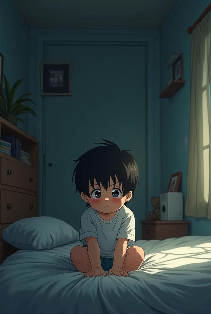 A child in a room sad alone that his parents left for work in anime style

