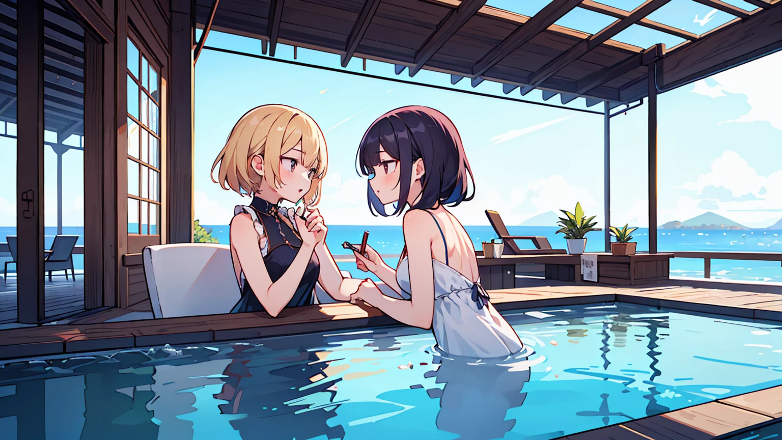 (masterpiece, best quality),2 women, different hair colors, different faces,letterboxed, perfection of fashion,chapped lips, sleeveless,dress,upper body, from the side,Infinity Pool,The horizon is reflected,Lounge Chair,marble floor,Advanced Table,outdoor

 