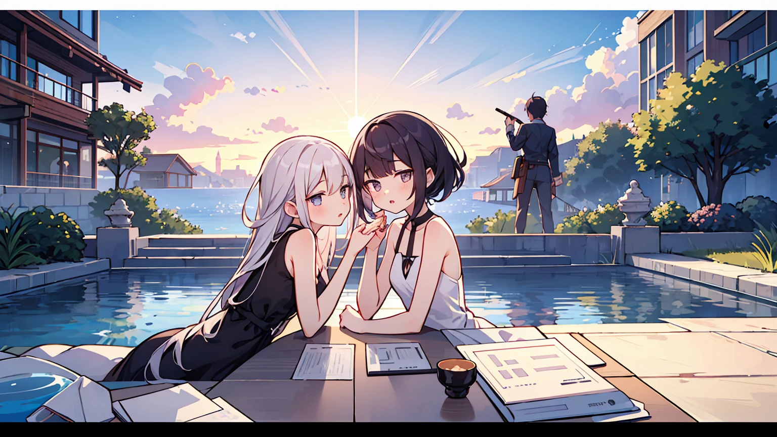 (masterpiece, best quality),2 women, different hair colors, different faces,letterboxed, perfection of fashion,chapped lips, sleeveless,dress,upper body, from the side,Infinity Pool,The horizon is reflected,Lounge Chair,marble floor,Advanced Table,outdoor