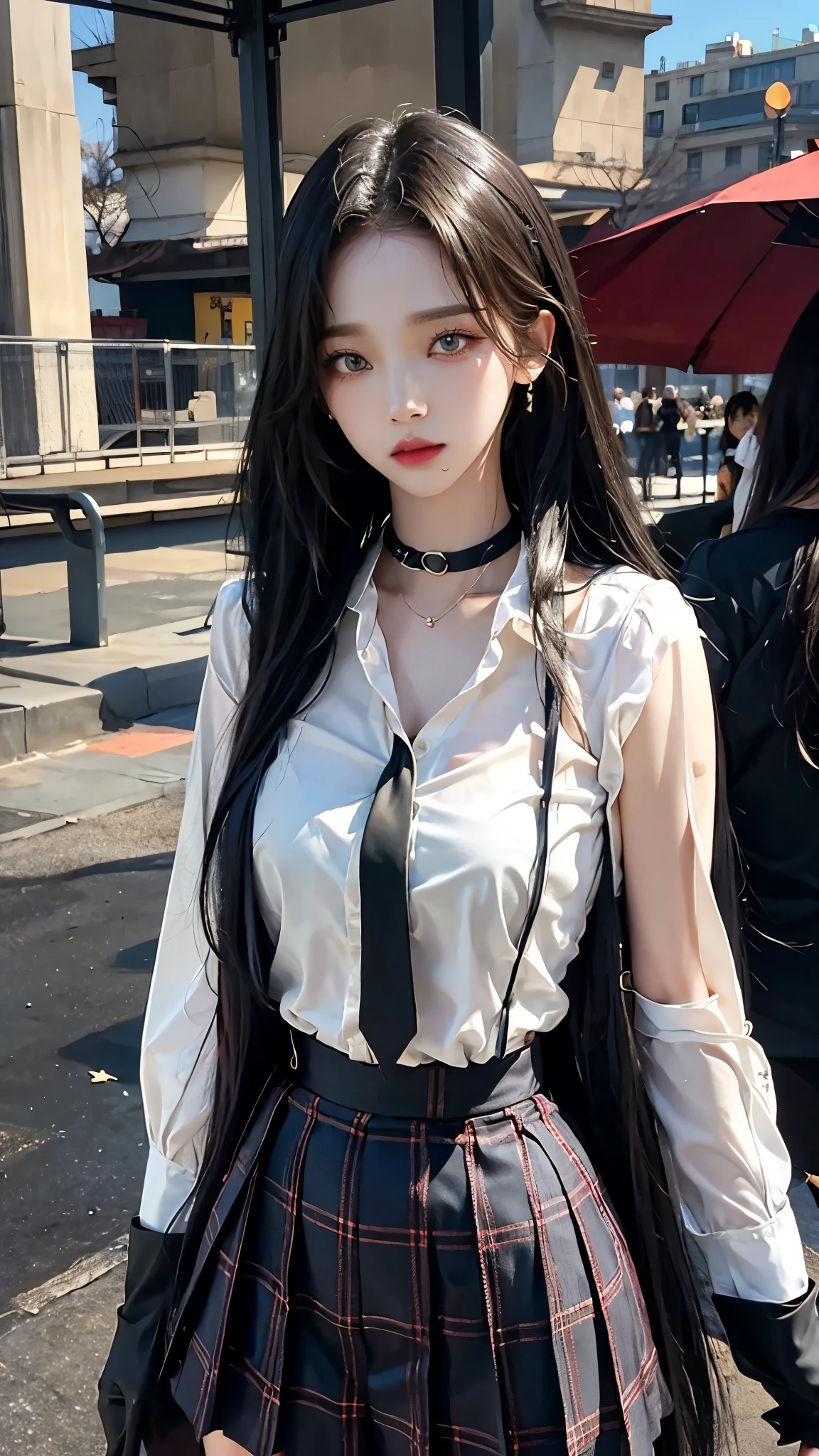 큰 chest, 젖어서 chest이 보이는 흰색 shirt, masterpiece, best quality, whole body, 1 woman, forehead, black choker, black necktie, blond hair, blue 짧은 skirt, panties, blush, bracelet, chest, choker, clothes approximately waist, clavicle, collared shirt, dress shirt, ear piercing, eyebrows visible through hair, gradient hair, 이를 드러내고 laugh, fix, bijouterie, Kogal, long hair, looking at viewer, loose necktie, necktie, piercing, plaid, plaid skirt, pleated skirt, red eyes, ring, , shirt, skirt, laugh, alone, Distance between high-rise buildings, sky, new york city downtown,illustration, (Magazines:1.3), (sheathe-style:1.3), fashionable, female, vibrant, outfit, posing, front, fancy, dynamic, background, coercion, confidence, expression, possession, name, accessories, majestic, coil, approximately, touch, scene, texts, sheathe, brave, attracting attention, title, Refined, font, catchy, headline, bigger, striking, modern, Trend, Concentrate upon, fashion,