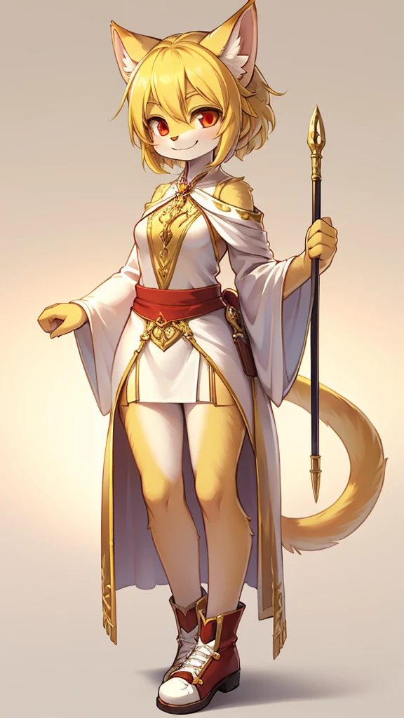 (masterpiece, Highest quality), Intricate details, 8k, Yellow Cat, Slim figure, background of fantasy, Yellow Hair, furry, Red eyes, 10th Generation, Normal height, ((1 person)) , (((female))), smile, wise, Light Magic, shoes, Light Background, White Robe, Cane
