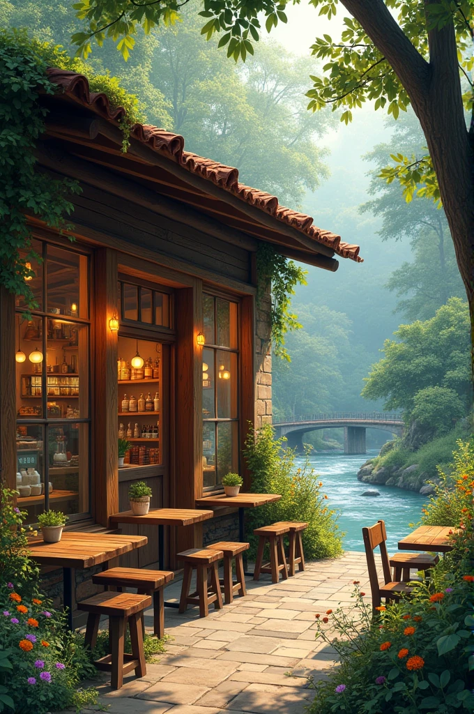 Coffee shop in nature with tables in front of the shop 