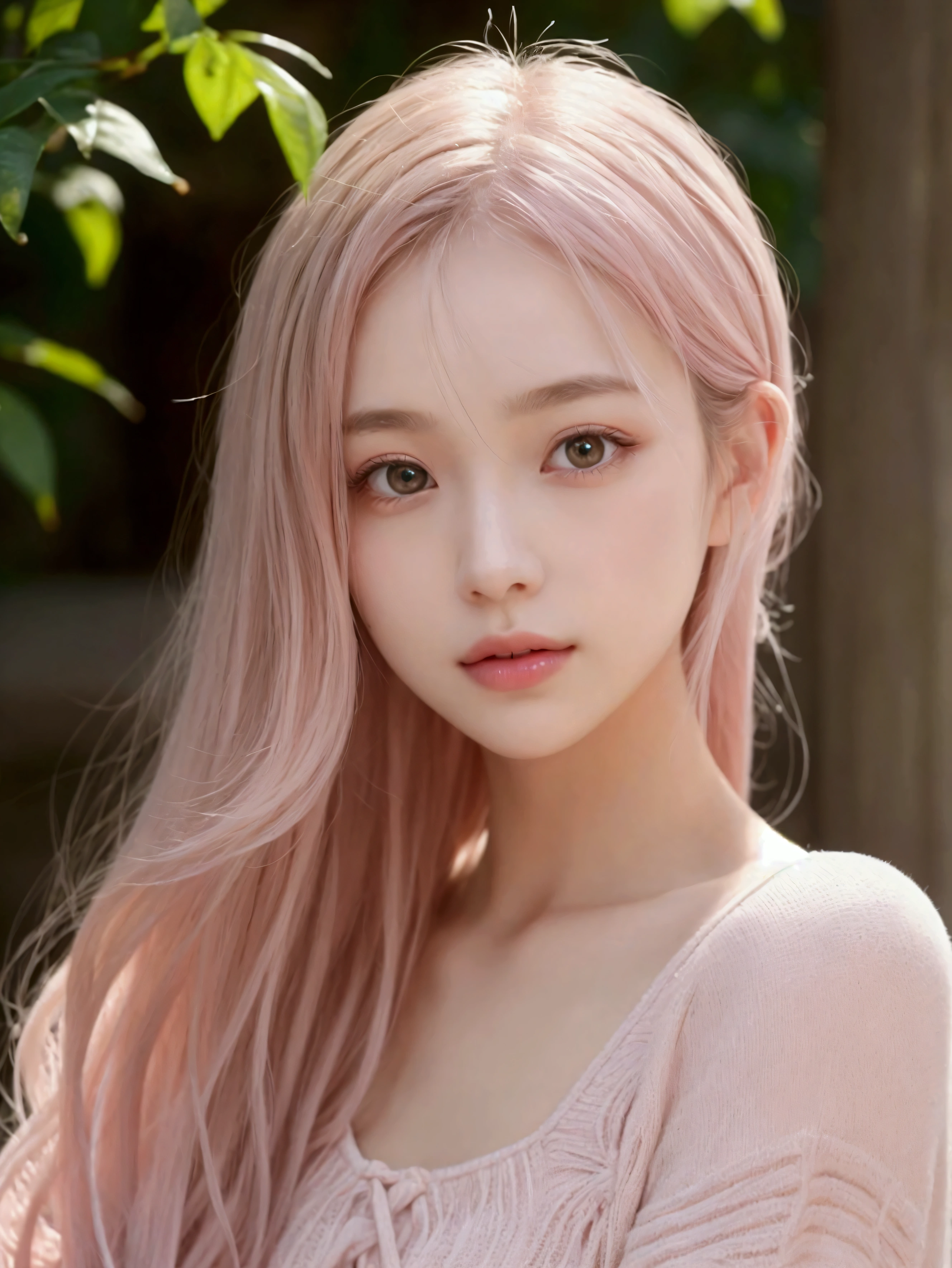 Close-up portrait of a young woman with pastel pink hair。Her hair has subtle waves、There is a slight brown tint at the tip.。Part your hair slightly off-center.、The bangs gently cover the forehead。Her skin is smooth and fair、The eyes are large and expressive, grayish brown.。Small and delicate nose、And her lips are light pink with a natural, soft smile.。The background is softly blurred、The focus is on the subject's face、The soft natural light suggests an outdoor setting.。The overall color palette is pastel.、Creating a warm and comfortable atmosphere。The soft light accentuates her delicate features and the elegant flow of her hair.、It creates a calm and quiet mood。