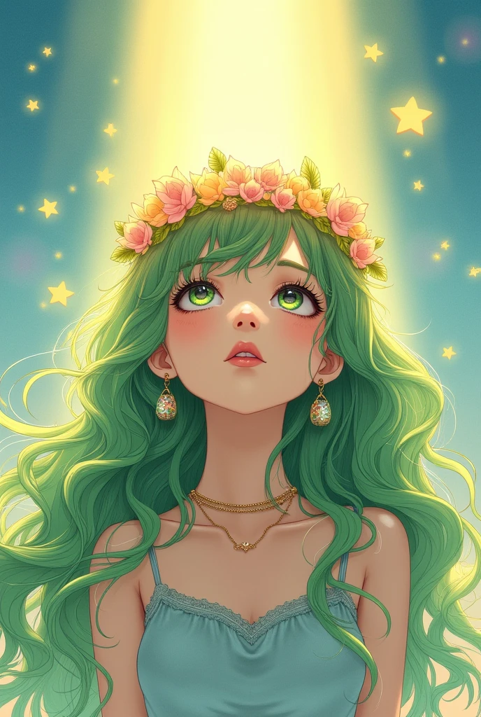 Watercolor illustration。Surreal。Anime style,Size 1242x2488 pixels,Dream girl。A beam of warm sunlight shines in,A girl with layered and shiny hair,She is looking up and enjoying the dream,Staring forward,Green long curly hair,Wearing dreamy butterfly earrings,Wearing a butterfly necklace,Wearing a wreath headband,The clothes are fairy,Ultra HD 4k 8k webp