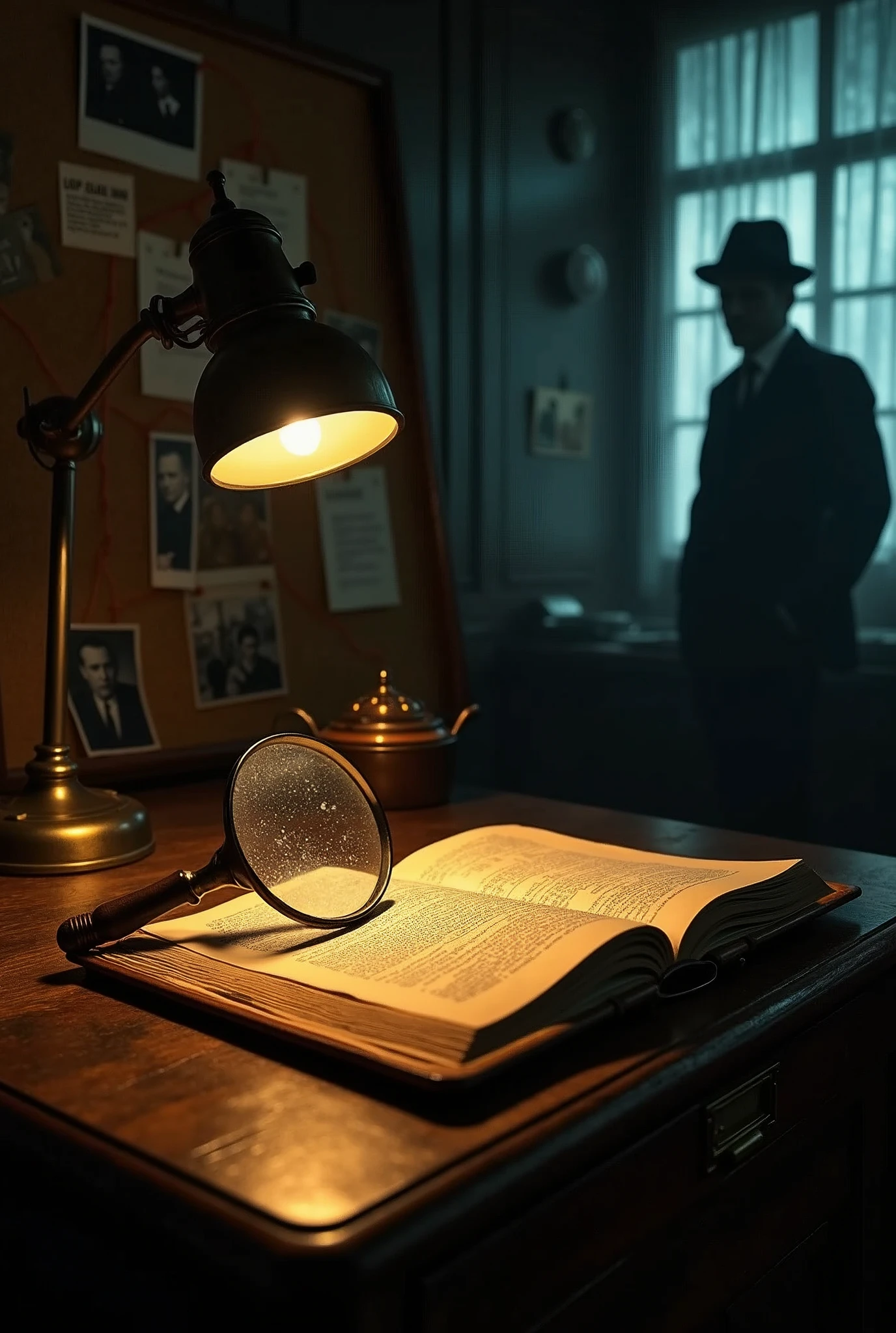 Create a dimly lit, vintage detective's office scene. The focal point is a wooden desk with an old, partially open book or piece of paper, over which a magnifying glass is placed, highlighting a faint, barely visible clue. A vintage lamp on the desk casts a soft golden glow, illuminating the magnifying glass and the clue. In the background, a corkboard is visible with pinned notes, photographs, and red string connecting various pieces of evidence. The shadow of a mysterious figure is cast on the wall, adding suspense. Use a dark color palette with muted browns, deep blues, and subtle golden tones to create a moody and mysterious atmosphere