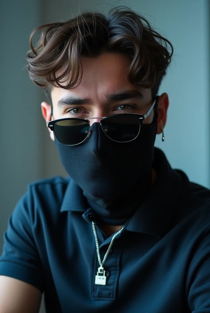 A young man who looks like a bandman wearing sunglasses and a non-woven mask