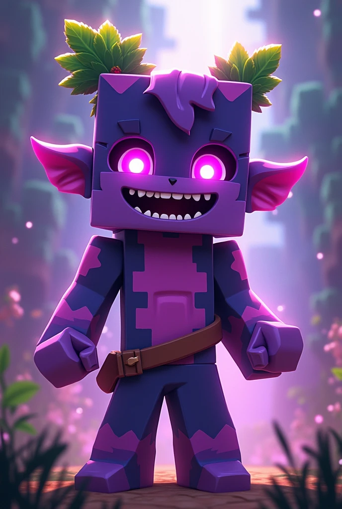 Create a masterpiece of a Minecraft character, this is a purple boy with flashes like the nether portal and wears two plants as ears, He is always happy and dressed as an adventurer