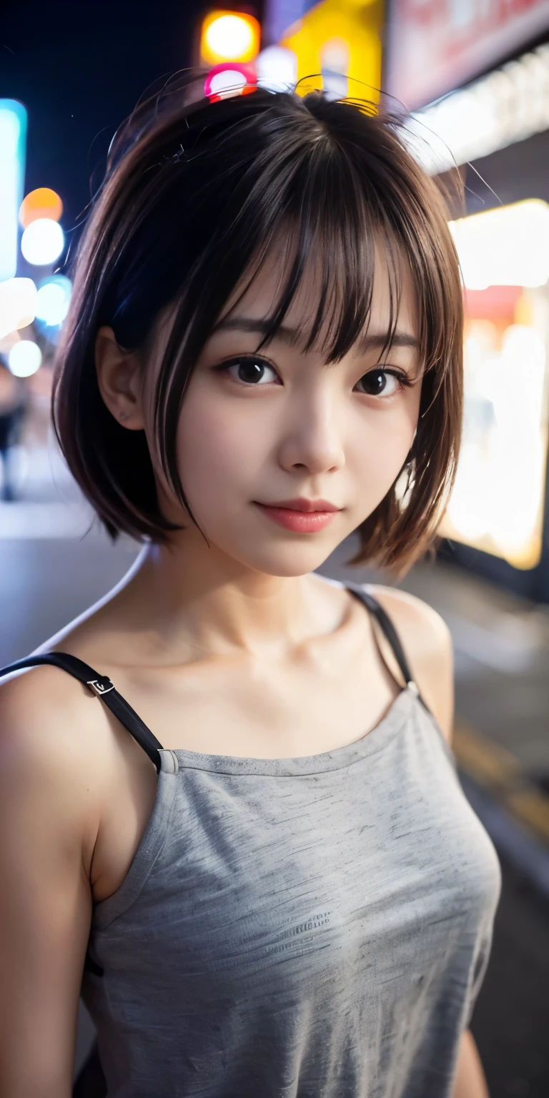 1 girl, Tokyo Street,night, Streetscape,City lights,Upper Body,close,smile,, (8k, RAW Photos, Highest quality, masterpiece:1.2),(Realistic, photo-Realistic:1.37),