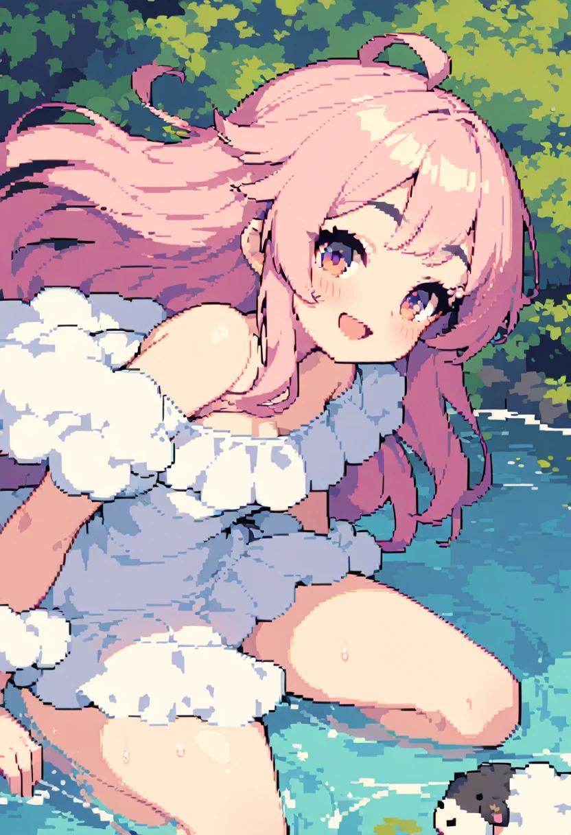 masterpiece, Highest quality, 8k, Pixel art, Pixel art, Vivid, Sheep, woman, 若いwoman, smile, cute, Directed at an angle, Open your mouth, Fluffy hair, Long Hair, Hair like sheep's hair, Pink Hair, eyebrow, 太いeyebrow, Off-the-shoulder swimwear, Bathing