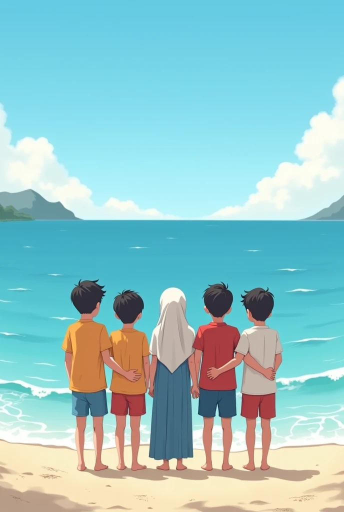 Quintuplets ( 4 boy 1girl ( hijab girl ) the girl in the Middle and 2 boy on left the girl and 2 more boys on the right girl. the quintuplets Seeing the beach. Image in Back. Facing the sea. The girl height is 150 cm the first boy : 190 cm. The second boy : 190 cm ,the third boy : 190 cm and the fourth boy 190 cm height 