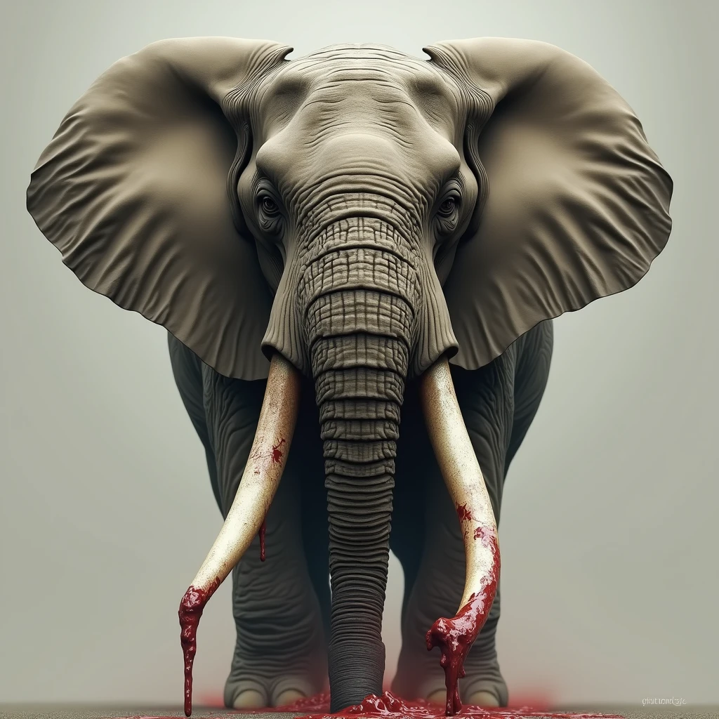 Elephant face with one broken tusk and blood
