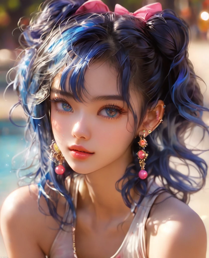 8K,Asian cute girl，an extremely delicate and beautiful,Beautiful and realistic skin,Shiny jewel-like earrings,like glitter blue hair,,beautiful eyes,full body,tanktop