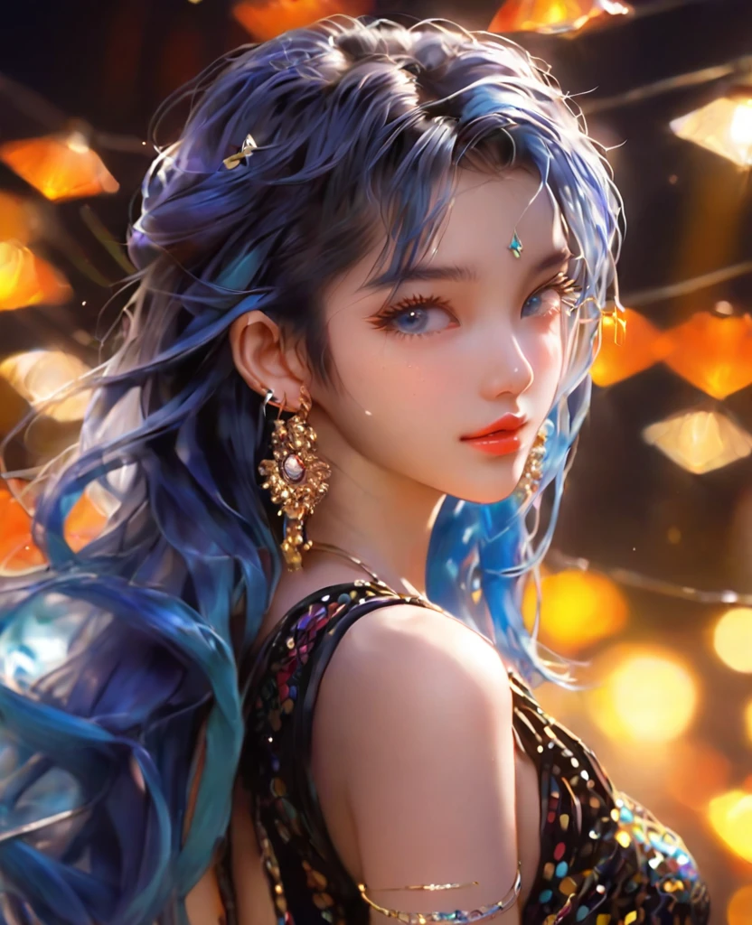 8K,Asian cute girl，an extremely delicate and beautiful,Beautiful and realistic skin,Shiny jewel-like earrings,like glitter blue hair,,beautiful eyes,full body,tanktop