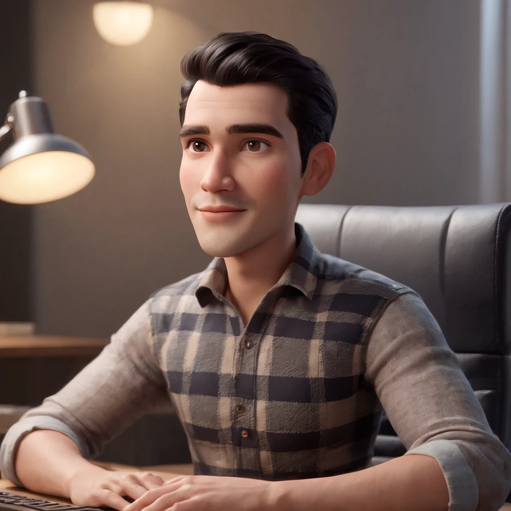 cartoon character of a YOUNG man with black hair wearing plaid shirt, sitting in front of the computer working, animation character, stylized character, animation style rendering, 3d stylized, Arnold Maya render, 3 d render stylized, toon render keyshot, 3d character, 3d character, 3d rendering stylized, 3 d character render, cartoon character, Personagem de close up, character posing, (Pixar-style) (master part:1.2) (bokeh) (best qualityer) (skin detailed) (detailed texture) (8k) (Argilla) (Cinematic lighting) (sharp focus