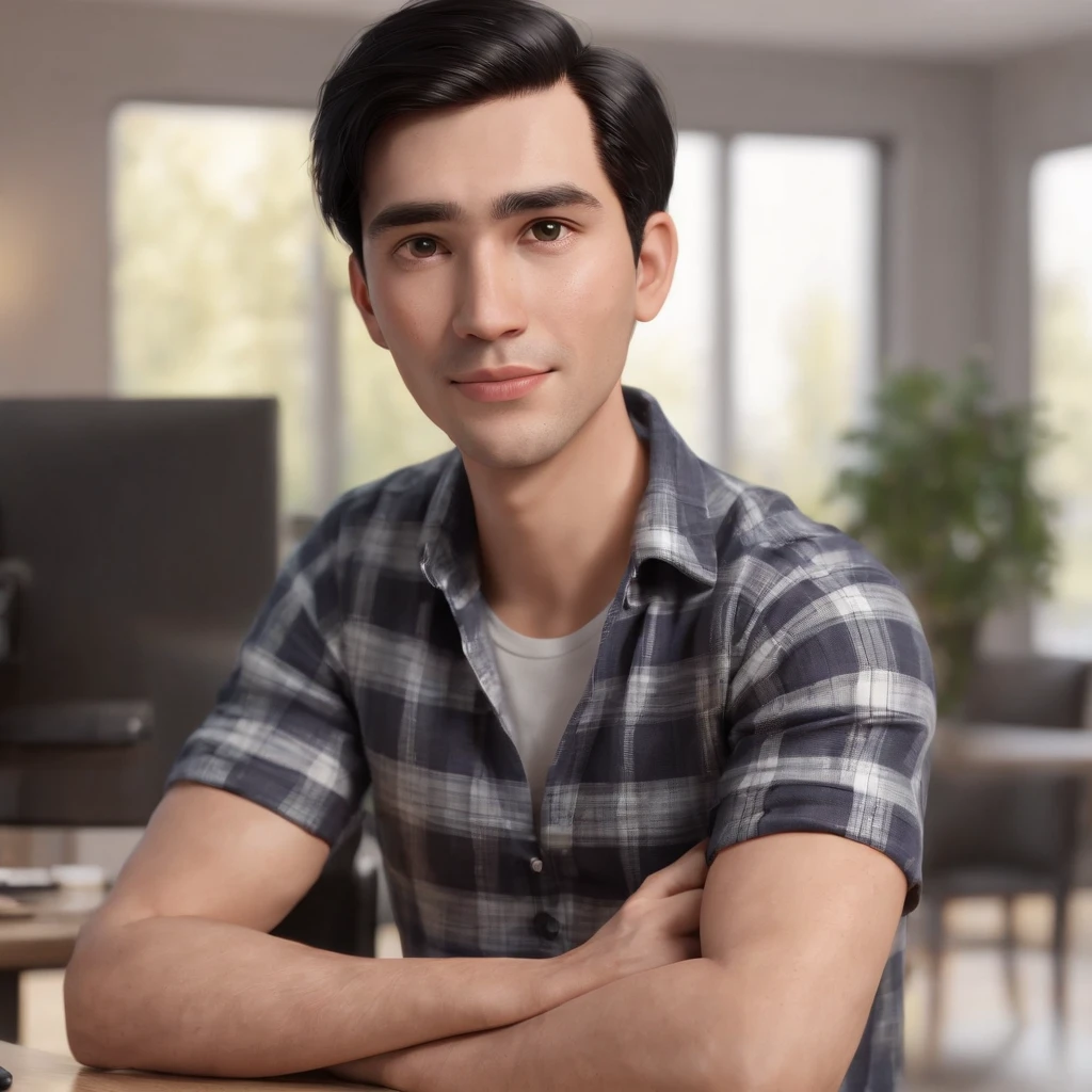 cartoon character of a YOUNG man with black hair wearing plaid shirt, sitting in front of the computer working, animation character, stylized character, animation style rendering, 3d stylized, Arnold Maya render, 3 d render stylized, toon render keyshot, 3d character, 3d character, 3d rendering stylized, 3 d character render, cartoon character, Personagem de close up, character posing, (Pixar-style) (master part:1.2) (bokeh) (best qualityer) (skin detailed) (detailed texture) (8k) (Argilla) (Cinematic lighting) (sharp focus