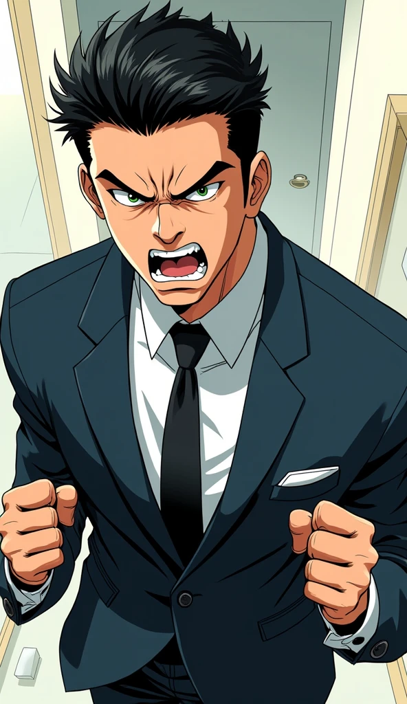 ((A man with short hair)),Black Hair,Suits,((Angry expression)),leave,Japanese comic style