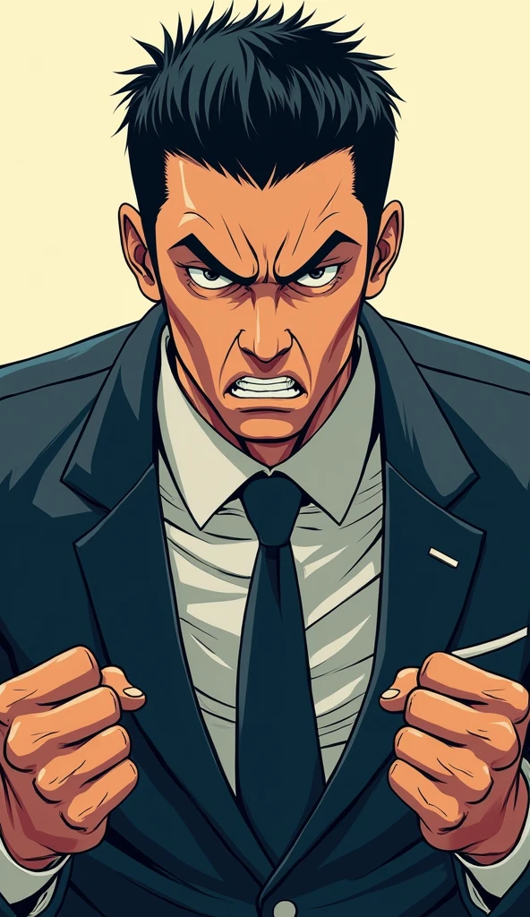 ((A man with short hair)),Black Hair,Suits,((Angry expression)),leave,Japanese comic style